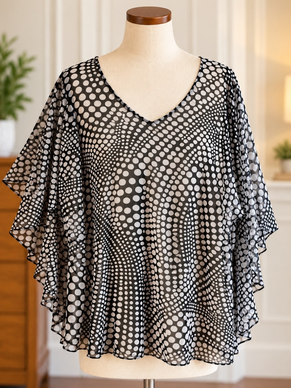 Laura Plus Petites 1X Black White Dot Sheer Flutter Sleeve Top